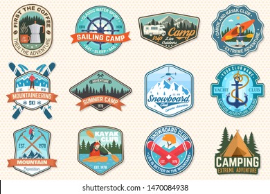 Set of sailing camp, canoe, snowboarding, climbing and kayak club patches. Vector illustration. Concept for shirt, print, stamp or tee. Outdoor adventure patches.