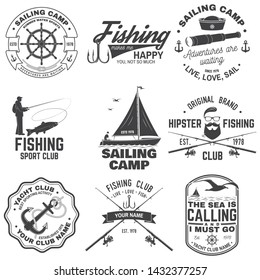 Set of sailing camp and fishing club badges. Vector illustration. Concept for shirt, print, stamp or tee. Vintage typography design with fish rod and sailing boat silhouette. Extreme water sport.