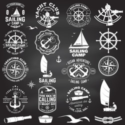 Set Of Sailing Camp And Yacht Club Badge. Vector On The Chalkboard. Concept For Shirt, Print, Stamp Or Tee. Vintage Typography Design With Black Sea Anchors, Hand Wheel, Compass And Sextant Silhouette