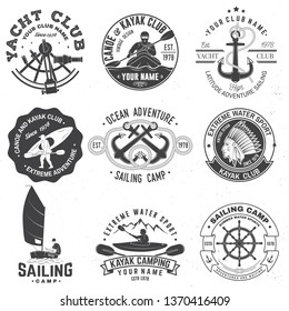 Set of sailing camp, yacht club, canoe and kayak club badges. Vector. Concept for shirt, print, stamp or tee. Vintage typography design with mountain, river, kayaker silhouette. Extreme water sport.