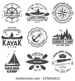 Set of sailing camp, yacht club, canoe and kayak club badges. Vector. Concept for shirt, print, stamp or tee. Vintage typography design with mountain, river, kayaker silhouette. Extreme water sport.