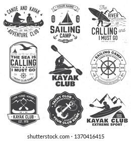 Set of sailing camp, yacht club, canoe and kayak club badges. Vector. Concept for shirt, print, stamp or tee. Vintage typography design with mountain, river, kayaker silhouette. Extreme water sport.