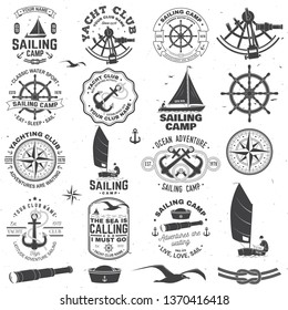 Set of sailing camp and yacht club badge. Vector. Concept for shirt, print, stamp or tee. Vintage typography design with black sea anchors, hand wheel, compass and sextant silhouette.