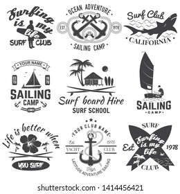 Set of sailing camp, yacht club and surf club badges. Vector. Concept for shirt, print, stamp or tee. Vintage typography design with surfboard and sailing boat silhouette. Extreme water sport.