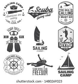 Set of sailing camp, yacht club and diving club badges. Vector. Concept for shirt, print, stamp or tee. Vintage typography design with diving gear and sailing boat silhouette. Extreme water sport.