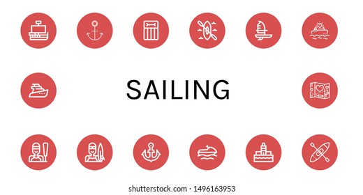 Set of sailing icons such as Caravel, Anchor, Airbed, Kayak, Windsurf, Yatch, Sailing, Surfer, Jet ski, Lighthouse, Travel , sailing