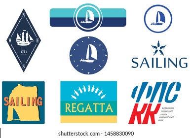 Set of sailing logos  for yachting sport.  Vector. Yachts, sails, lettering "sailing" and russian language abbreviation translated as "sailing federation or Krasnodar area". 