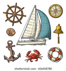 Set sailing ship. Anchor, wheel, compass rose, shell, crab, bell, lifebuoy, lighthouse isolated on white background. Vector color vintage engraving illustration. For poster yacht club.