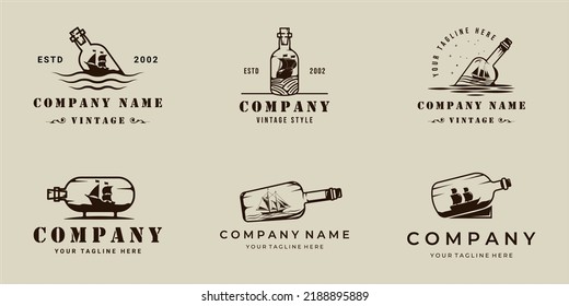 set of sailing ship inside bottle logo vintage vector illustration template icon graphic design. bundle collection of various retro sailboat miniature sign or symbol for business or print t-shirt