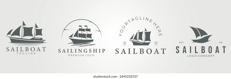 set sailing ship logo vintage vector illustration design, retro marine collection