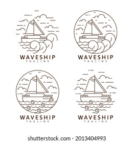 Set of sailing ship and waves illustration monoline or line art style vector design