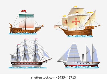 Set of sailing ships from different times on a white background. Vector illustration