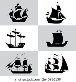 Set Sailing Ships. Hand Drawn Vector Illustration – Collection of Sailing Ship Icons, Nautical Silhouettes with Masts and Sails, Maritime Theme in Black on White

