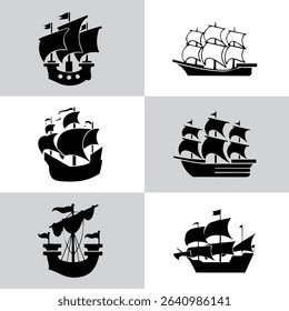 Set Sailing Ships. Hand Drawn Vector Illustration – Collection of Sailing Ship Icons, Nautical Silhouettes with Masts and Sails, Maritime Theme in Black on White

