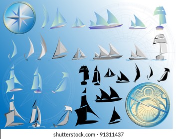 Set of sailing ships icon in 3 views.