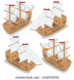 A set of sailing ships. Isometric. Isolated on white background. Vector illustration.