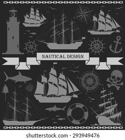 Set of sailing ships with nautical design elements over grey background. Vector illustration. No trace.