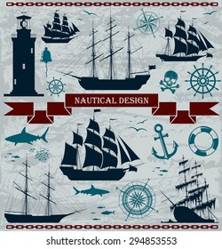 Set of sailing ships with nautical design elements. Vector illustration. No trace. 