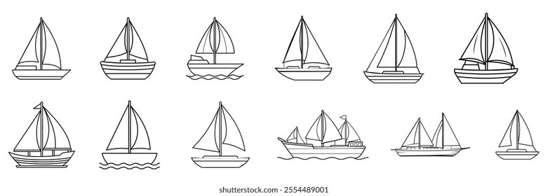 Set of sailing ships vector line art design. High-quality maritime illustrations