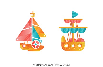 Set of Sailing Ships with White and Red Sails, Ocean or Marine Transport Flat Vector Illustration