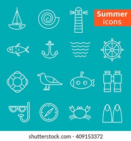 Set of sailing summer icons. Line style. Vector illustration. EPS8