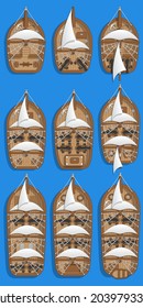 Set of sailing warships. View from above. Isolated on a blue background. Vector illustration.