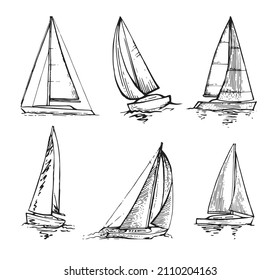 Set sailing yacht floats waves  Small ship for recreation   travel  Outline sketch  Hand drawing isolated white background  Vector 