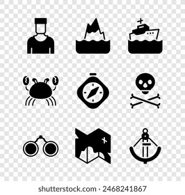 Set Sailor captain, Iceberg, Cruise ship, Binoculars, Pirate treasure map, Anchor, Crab and Compass icon. Vector