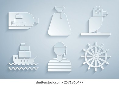 Set Sailor captain, Pirate parrot, Ship, steering wheel, sack and Bottle with ship inside icon. Vector