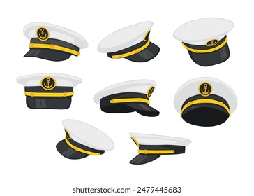 Conjunto de colección de sombrero de marinero con diferente vista o ángulo, sombrero de capitán de la marina, con ancla y emblema de hojas de laurel, chapado en oro, concepto de crucero marítimo, signo de gorra de marinero, sombrero de marinero capitán, Vector.