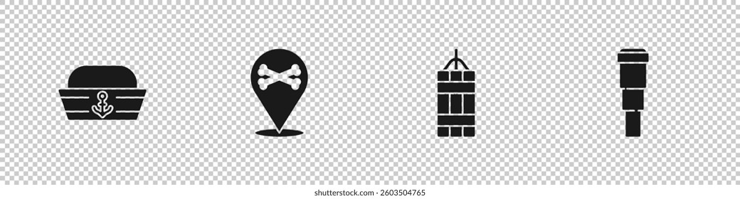 Set Sailor hat, Location pirate, Dynamite bomb and Spyglass telescope lens icon. Vector