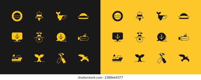 Set Sailor hat, Whale tail, Anchor, Crossed oars paddles boat, Submarine, Ship porthole and bell icon. Vector