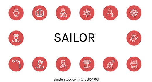 Set of sailor icons such as Sailor, Firefighter uniform, Helm, Pirate, Binoculars, Bollard, Ship in a bottle, Captain , sailor