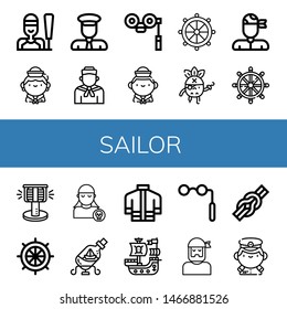 Set of sailor icons such as Sailing, Sailor, Captain, Binoculars, Helm, Pirate, Bollard, Rudder, Ship in a bottle, Firefighter uniform, Pirate ship, Knot , sailor