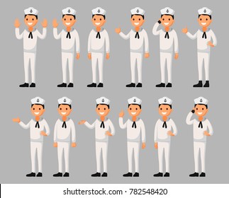 Conjunto de personajes de dibujos animados de marinero en diferentes poses. Ilustración de vectores en un estilo plano
