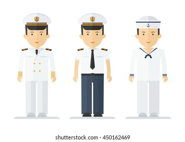 Set of sailor man in uniform. Objects isolated on white background. Flat cartoon vector illustration.