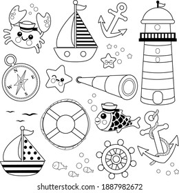 Set of sailor and nautical illustrations. Vector black and white coloring page.