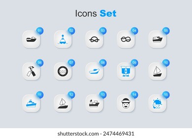 Set Sailor, Ship porthole, Floating buoy, Speedboat, Tsunami, Yacht sailboat, Jet ski and Inflatable with motor icon. Vector