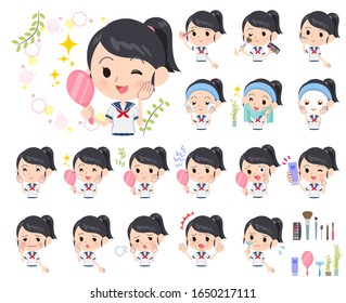 A set of sailor suit girl on beauty.There are various actions such as skin care and makeup.It's vector art so it's easy to edit.
