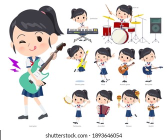 A set of sailor suit girl playing rock 'n' roll and pop music.There are also various instruments such as ukulele and tambourine.It's vector art so it's easy to edit.
