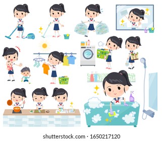 A set of sailor suit girl related to housekeeping such as cleaning and laundry.There are various actions such as cooking and child rearing.It's vector art so it's easy to edit.
