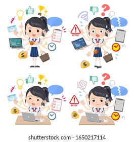 A set of sailor suit girl who perform multitasking in the office.There are things to do smoothly and a pattern that is in a panic.It's vector art so it's easy to edit.
