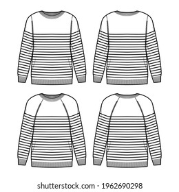 Set of Sailor Sweaters technical fashion illustration with rib crew neck, long raglan sleeves, oversized, hip length, knit cuff. Flat apparel front, back, white color. Women, men unisex CAD mockup