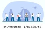 Set of sailors and captain. Collection of flat seaman in uniform. Ship crew. Vector 