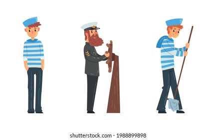Set of Sailors and Captain, Seaman Characters in Uniform, Ship Crew Members Cartoon Vector Illustration