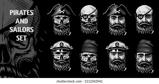 Set of sailors and pirates, skulls and heads on a dark background.