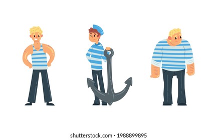 Set of Sailors, Seaman Characters in Uniform, Ship Crew Members Cartoon Vector Illustration