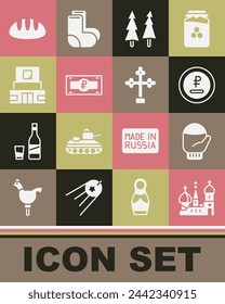 Set Saint Basil's Cathedral, Christmas mitten, Rouble, ruble currency, tree, Russian banknote, Mausoleum of Lenin, Bread loaf and Christian cross icon. Vector