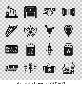 Set Saint Basil's Cathedral, Jar of honey, Location Russia, Cannon, National emblem, Kankles, Oil pump or pump jack and Cockerel lollipop icon. Vector