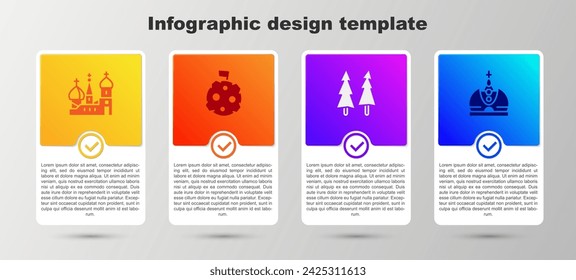 Conjunto Catedral de San Basilio, Luna con bandera, árbol de Navidad y corona del Rey. Plantilla de infografía de negocios. Vector